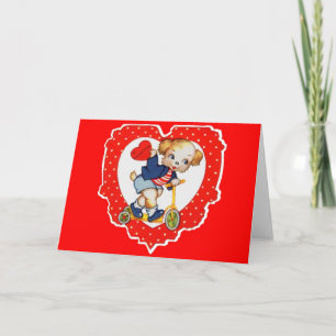 1930s Valentine puppy dog riding scooter Holiday Card