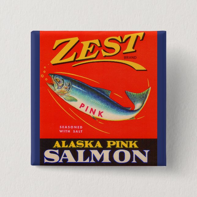 1930s Zest pink salmon can label 2 Inch Square Button (Front)