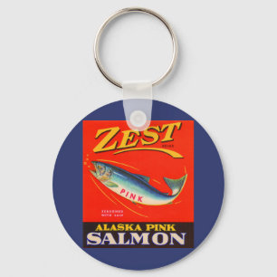 1930s Zest pink salmon can label Keychain