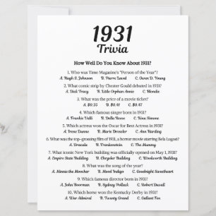 1931 Trivia Game 94th Birthday Party Game