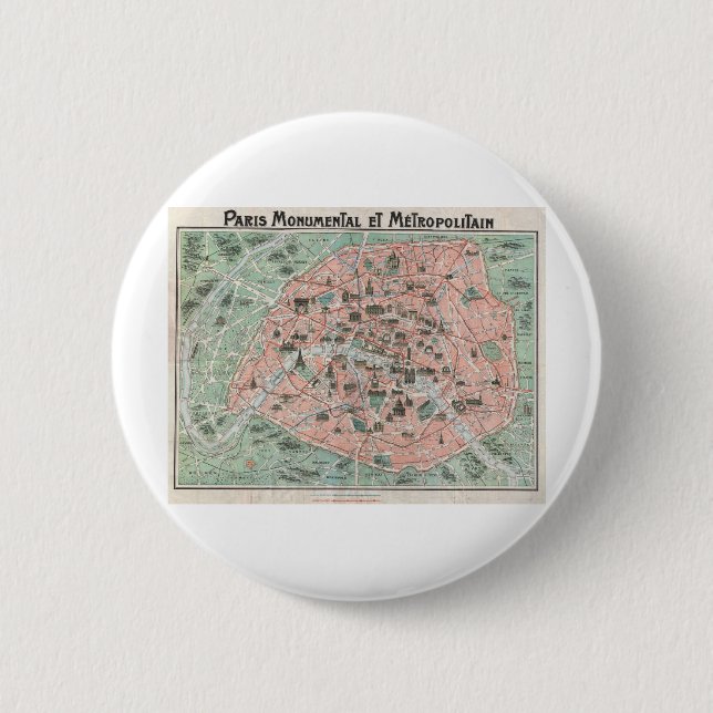 1932 Art Deco Map of Paris, France 2 Inch Round Button (Front)