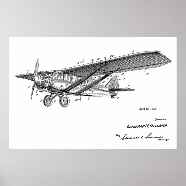 1932 Vintage Airplane Patent Art Drawing Print (Front)
