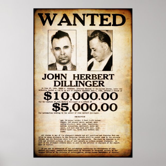 1934 JOHN DILLINGER PUBLIC ENEMY WANTED POSTER (Front)