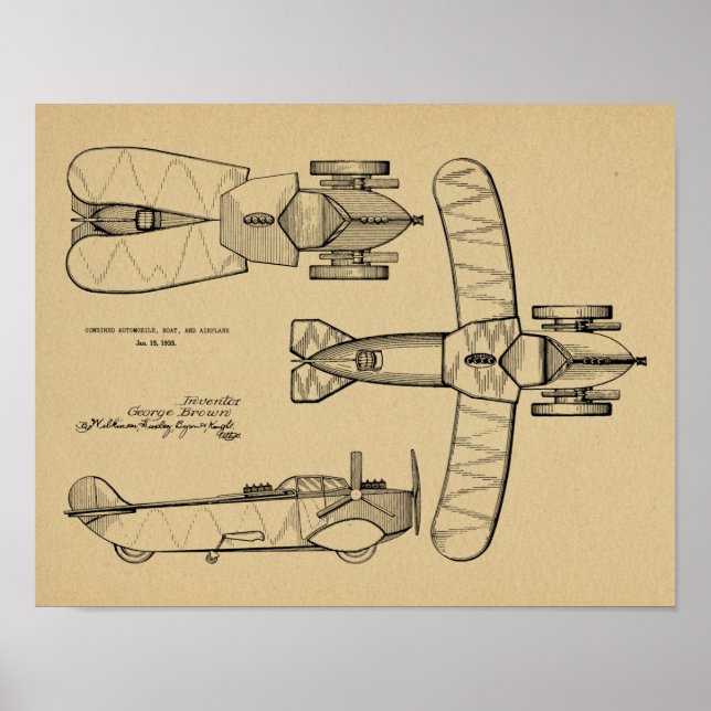 1935 Flying Car Boat Airplane Patent Drawing Print (Front)