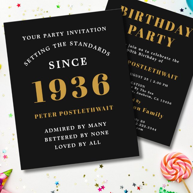 1936 Budget 90th Birthday Invitation Black Gold Flyer (1936 birthday invitation budget flyer. White background.)