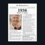 1936 Newspaper 90th birthday Postcard<br><div class="desc">Say happy birthday to someone born in 1936 with this unique Newspaper style birthday card, including a photo and a collection of fun facts and world news from the year of their birth. Designed to resemble a vintage newspaper in classic black and white style. A cute and fun way to...</div>
