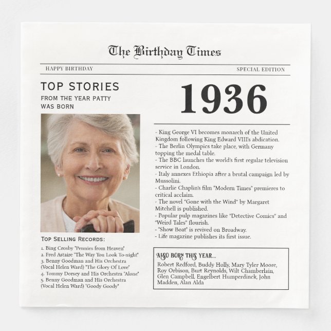 1936 Newspaper Birthday Paper Napkin (Front)