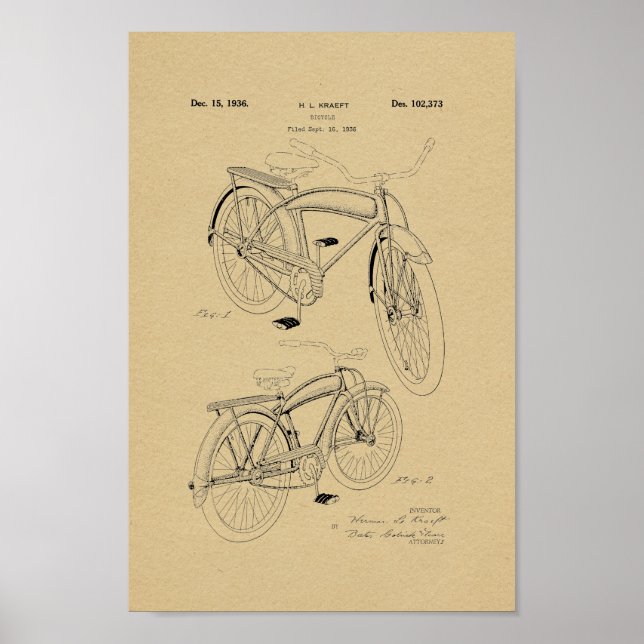 1936 Vintage Bicycle Patent Art Print (Front)