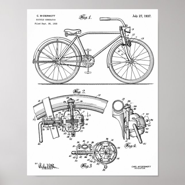 1937 Bicycle Generator Design Patent Art Print (Front)