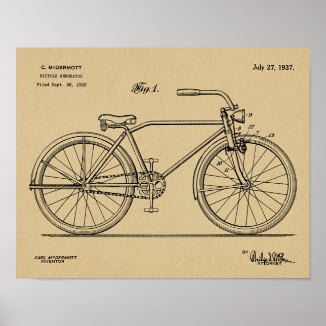 1937 Bicycle Headlamp Design Patent Art Print (Front)