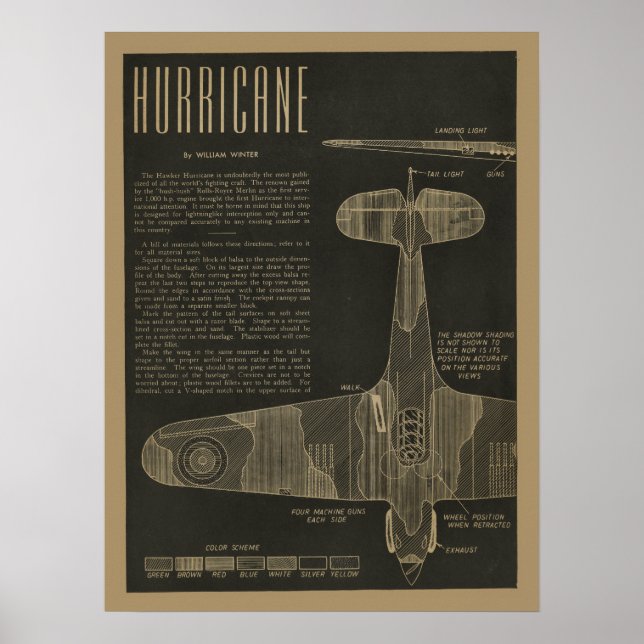1938 Aviation Hurricane Airplane Design Art Print (Front)