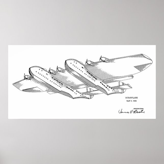 1939 Ocean Airplane Patent Art Drawing Print (Front)
