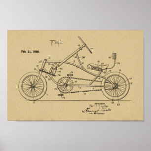 1939 Vintage Recumbent Bicycle Design Patent Art P Poster