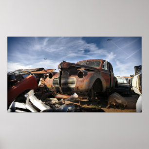 1940 Buick & F-86 Sabre overflight - junkyard art Poster