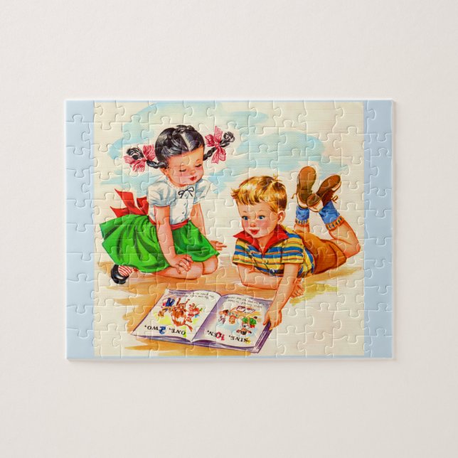 1940s adorable girl and boy and picture book jigsaw puzzle (Horizontal)