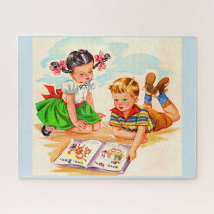 1940s adorable girl and boy and picture book jigsaw puzzle