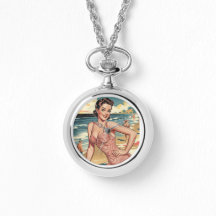 1940s Beach Pinup Silver Necklace Watch