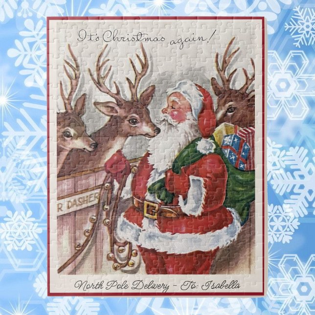 1940's Christmas Card Santa Personalize Name Jigsaw Puzzle (Creator Uploaded)