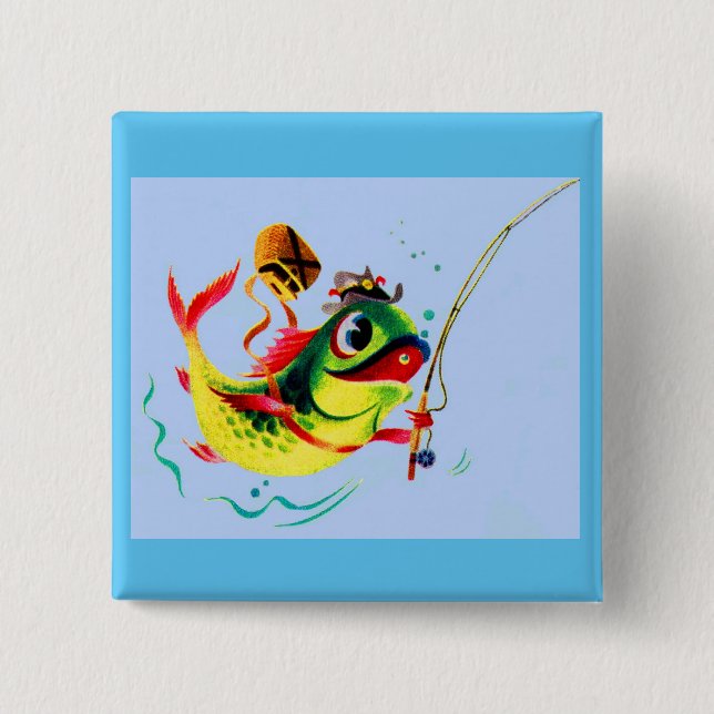 1940s fishing fish 2 inch square button (Front)