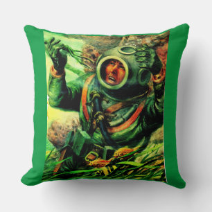 1940s illustration undersea diver in diving helmet throw pillow