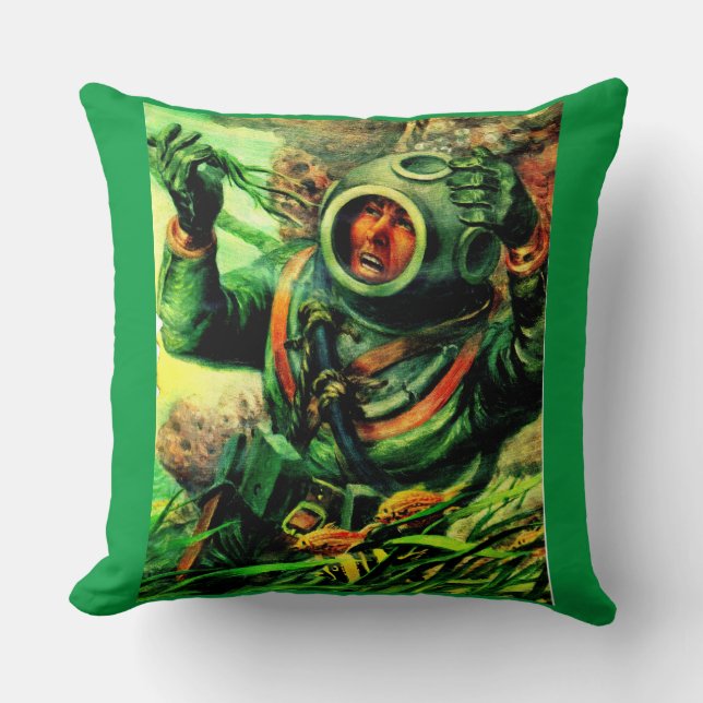 1940s illustration undersea diver in diving helmet throw pillow (Front)