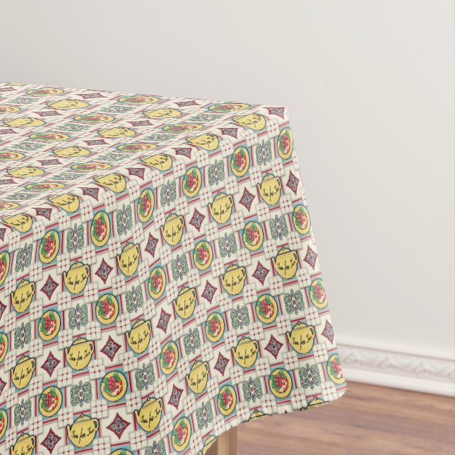 1940s Kitchen Pattern w/Yellow Teapots 60" x104" Tablecloth (In Situ)