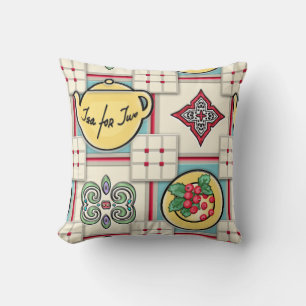 1940s Kitchen Pattern w/Yellow Teapots Throw Pillow