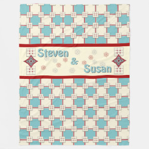 1940s Layered Tile_Aqua, Ivory, Red (Personalized) Fleece Blanket