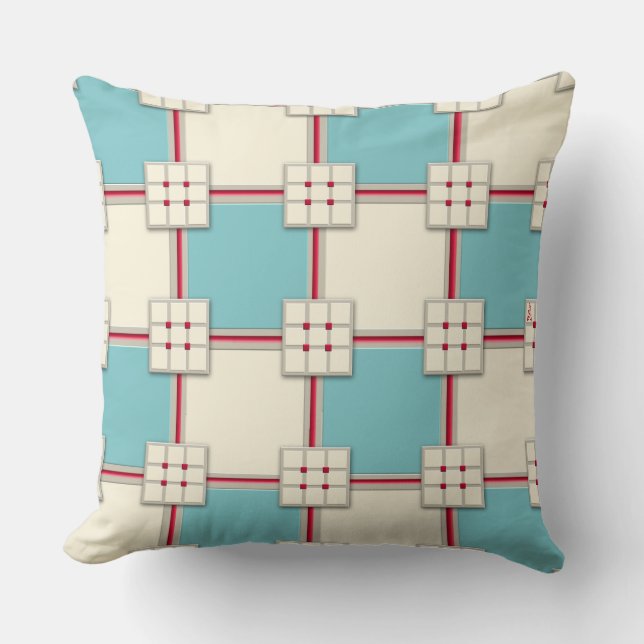 1940s Layered Tile Pattern (Aqua, Ivory and Red) Throw Pillow (Front)