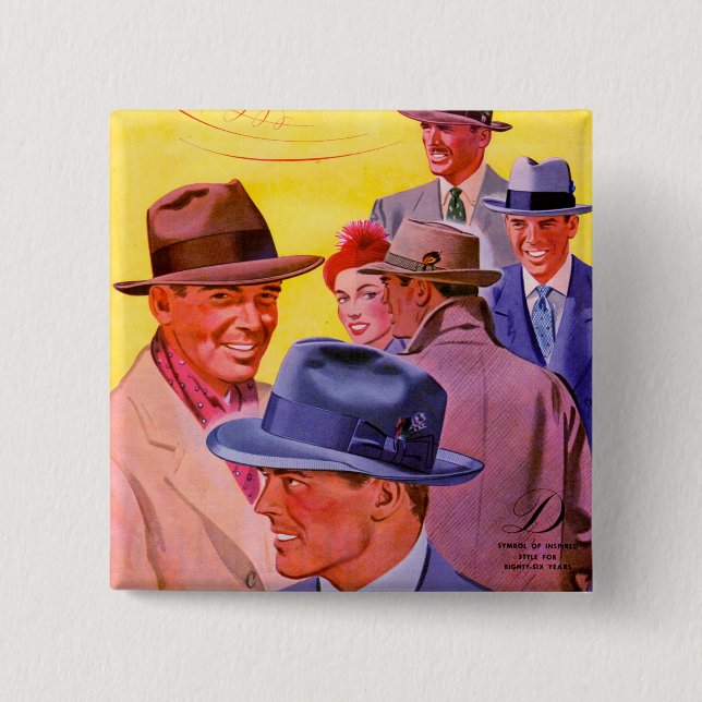 1940s men in hats 2 inch square button (Front)
