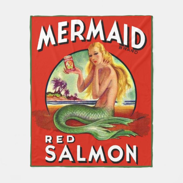 1940s Mermaid Salmon can label print Fleece Blanket (Front)