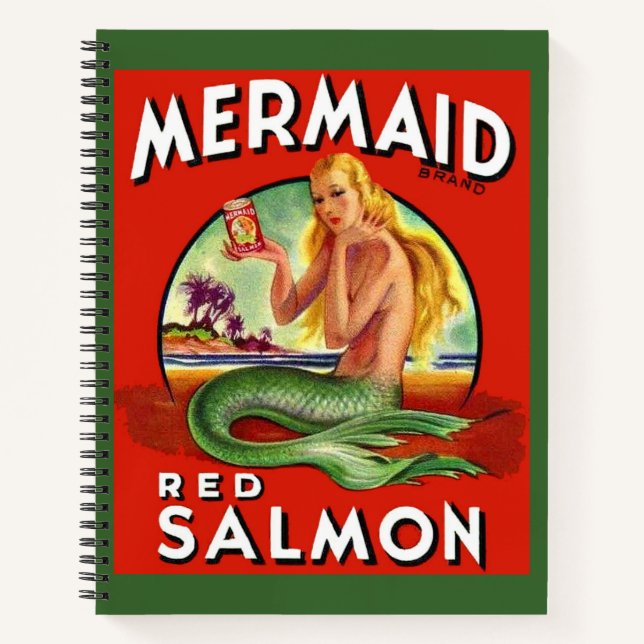 1940s Mermaid Salmon can label print Notebook (Front)