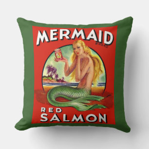 1940s Mermaid Salmon can label print Throw Pillow