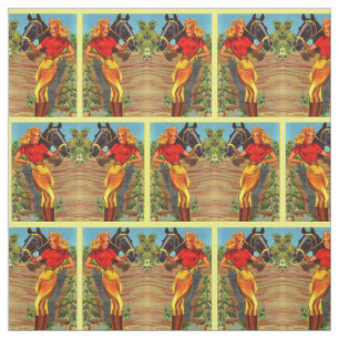 1940s pin-up gal and horse print fabric