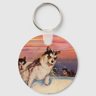 1940s Siberian husky sled dogs doing their thing Keychain
