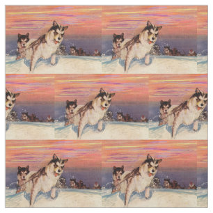 1940s Siberian husky sled dogs print Fabric