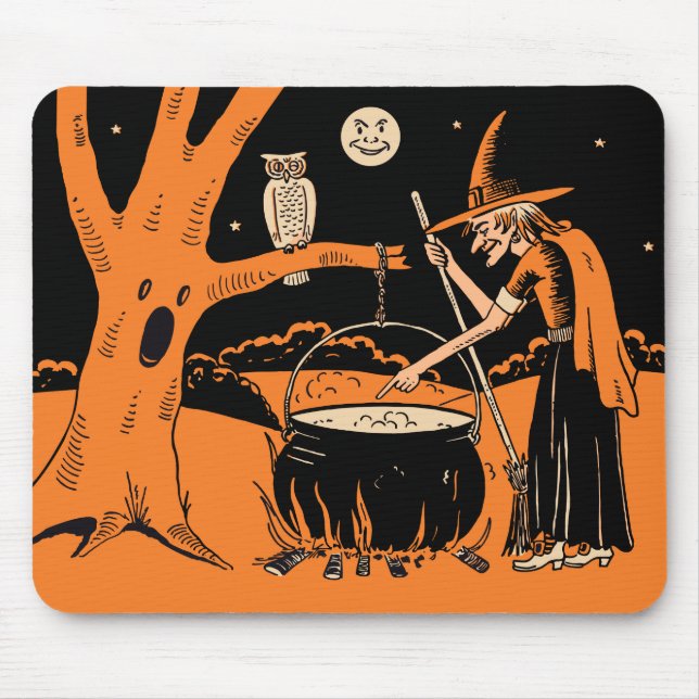 1940s Vintage Halloween Witch with Cauldron Mouse Pad (Front)