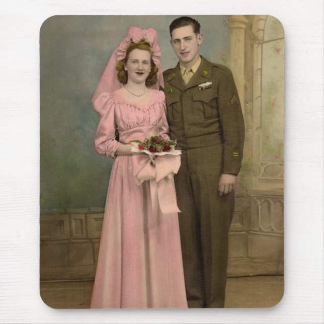 1940s wedding soldier groom and bride in pink gown mouse pad (Front)