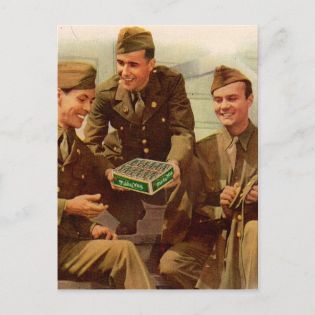 1940s WWII ad soldiers with candy from home Postcard (Front)