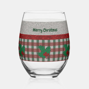 1940s Xmas Gingham - Personalized Stemless Wine Glass