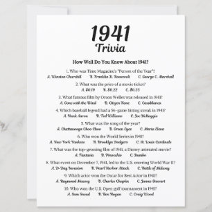 1941 Trivia Game   84th Birthday Party Game