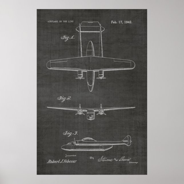 1942 Twin Airplane Patent Art Drawing Print (Front)