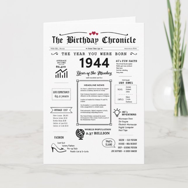 1944 L'Année De Votre Naissance Carte D'Anniversai (Devant)
