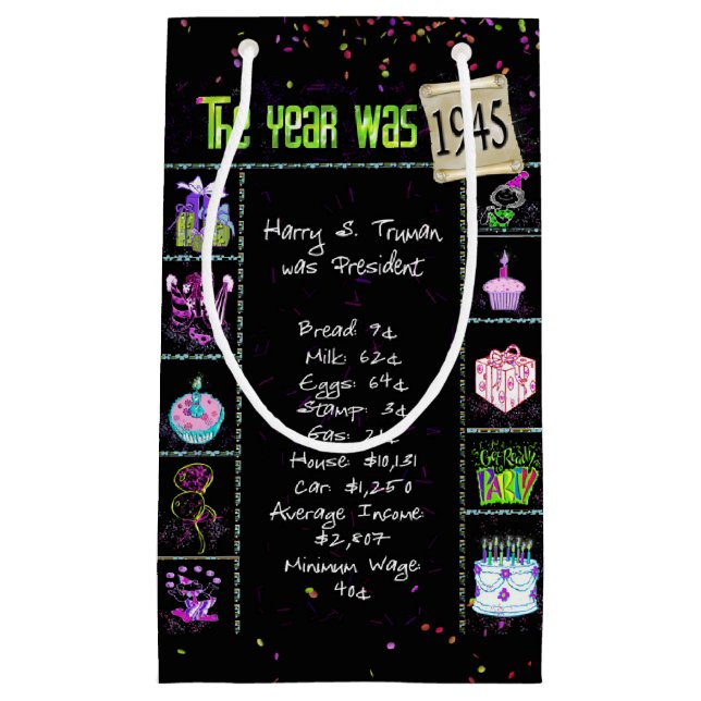 1945 Birth Year Trivia on Black Small Gift Bag (Front)