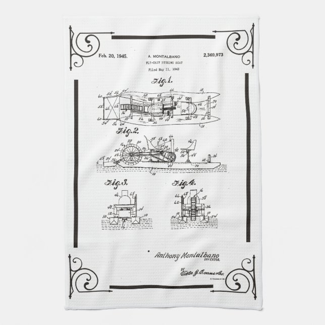 1945 Fly fishihg boat patent drawing Kitchen Towel (Vertical)