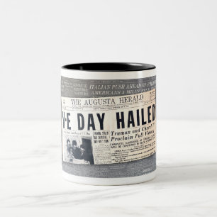1945 V-E DAY NEWSPAPER HEADLINE WWII Two-Tone COFFEE MUG