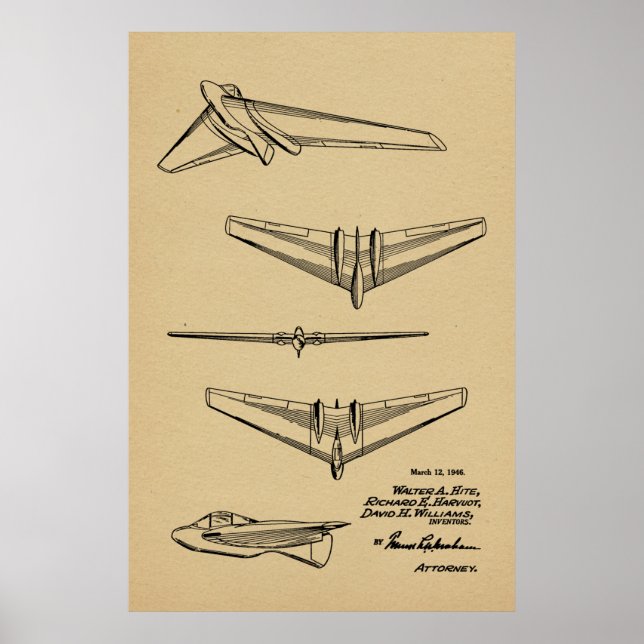 1946 Flying Wing Airplane Patent Art Drawing Print (Front)