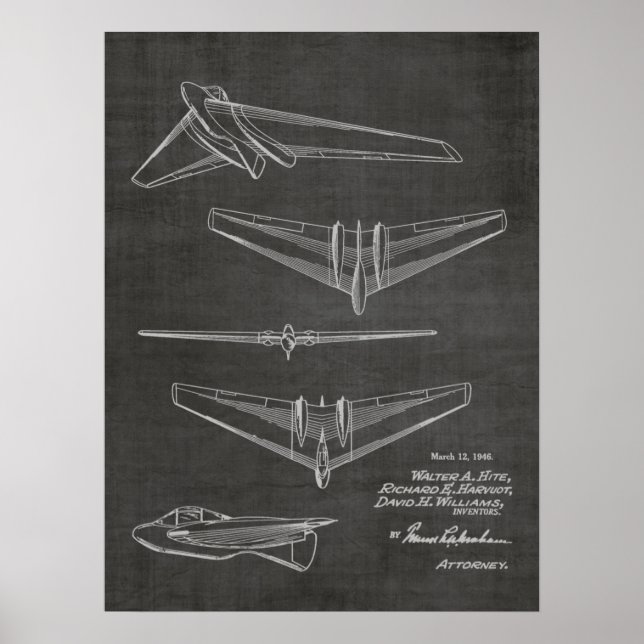 1946 Flying Wing Airplane Patent Art Drawing Print (Front)