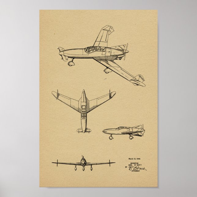 1946 Rear Prop Airplane Patent Art Drawing Print (Front)