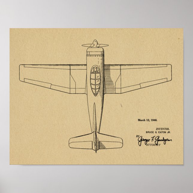 1946 Vintage Airplane Patent Art Drawing Print (Front)